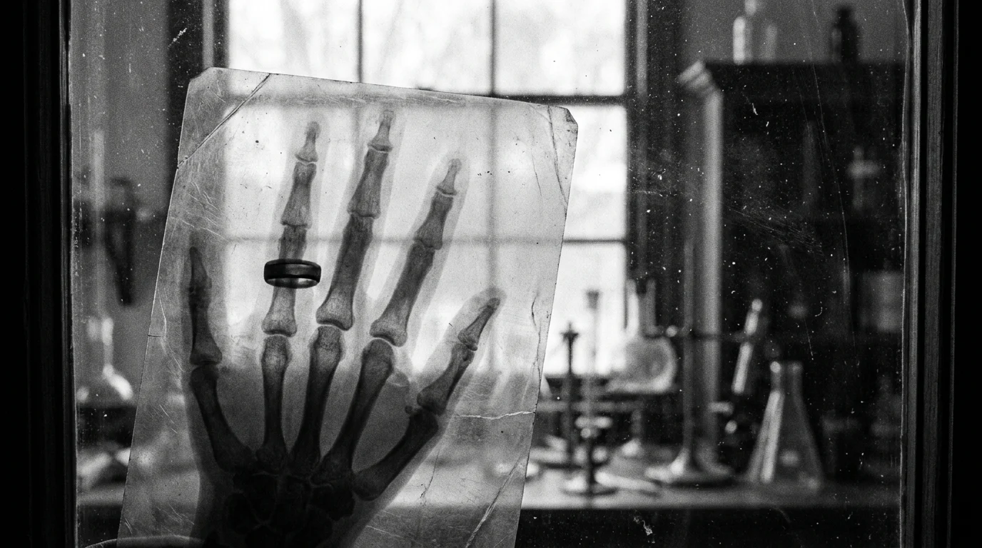 A high-contrast black-and-white photo of the first X-ray of a hand with a wedding ring, held up to a window.