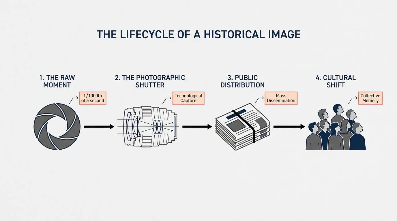 A horizontal diagram showing the progression from a raw moment to a cultural shift through the medium of photography.