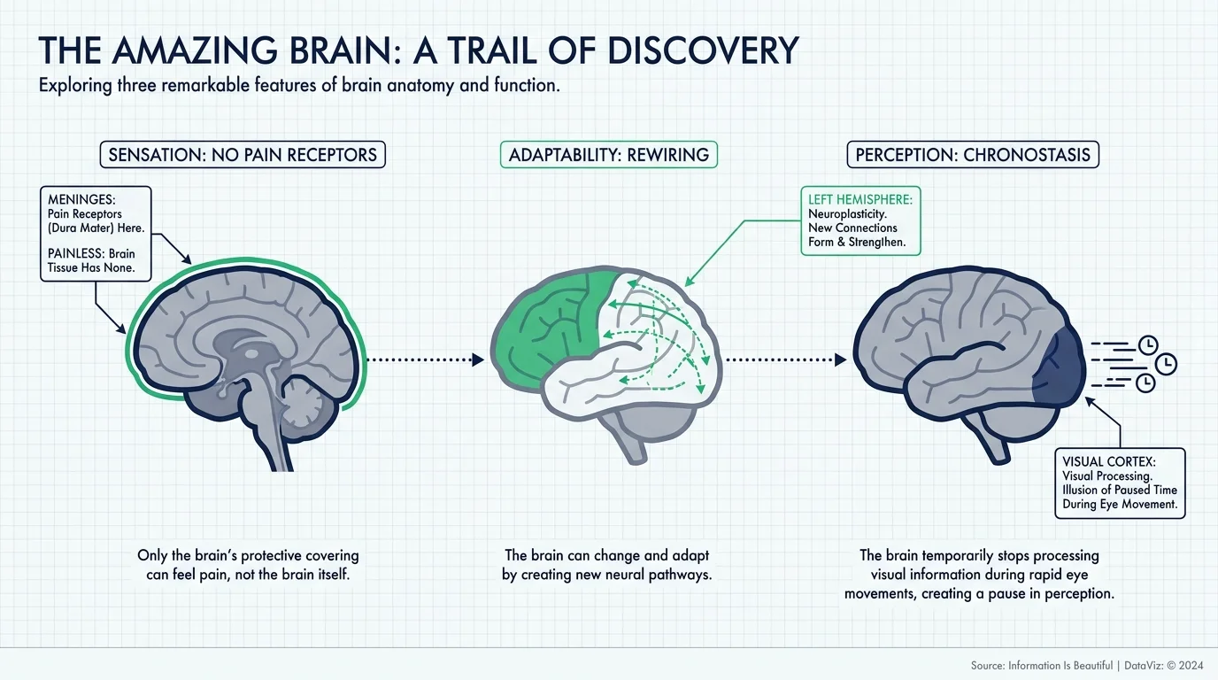 A horizontal diagram showing three brain icons representing sensation, adaptability, and perception.