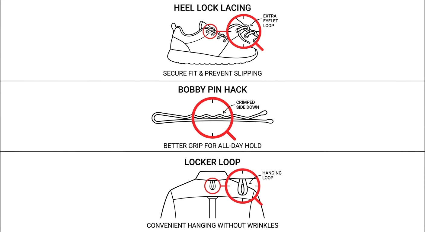 A line-art illustration showing three wearable hacks: a shoelace heel lock, a bobby pin, and a shirt loop.