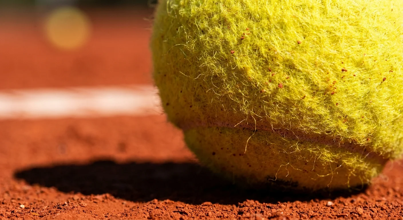 A macro close-up of the yellow fuzz on a tennis ball, showing individual fibers and trapped clay dust.