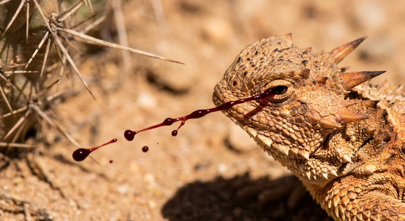A macro photo of a Texas Horned Lizard shooting a thin stream of red blood from its eye in a desert setting.