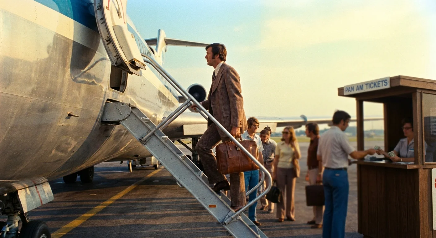 A man in 1970s clothing walks up the stairs of a plane on a sunny tarmac with no visible security or checkpoints.
