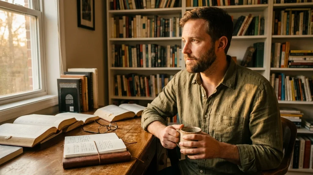 A man sitting at a desk in a warm, sunlit room, looking thoughtful amidst books and a coffee mug in a natural home setting.