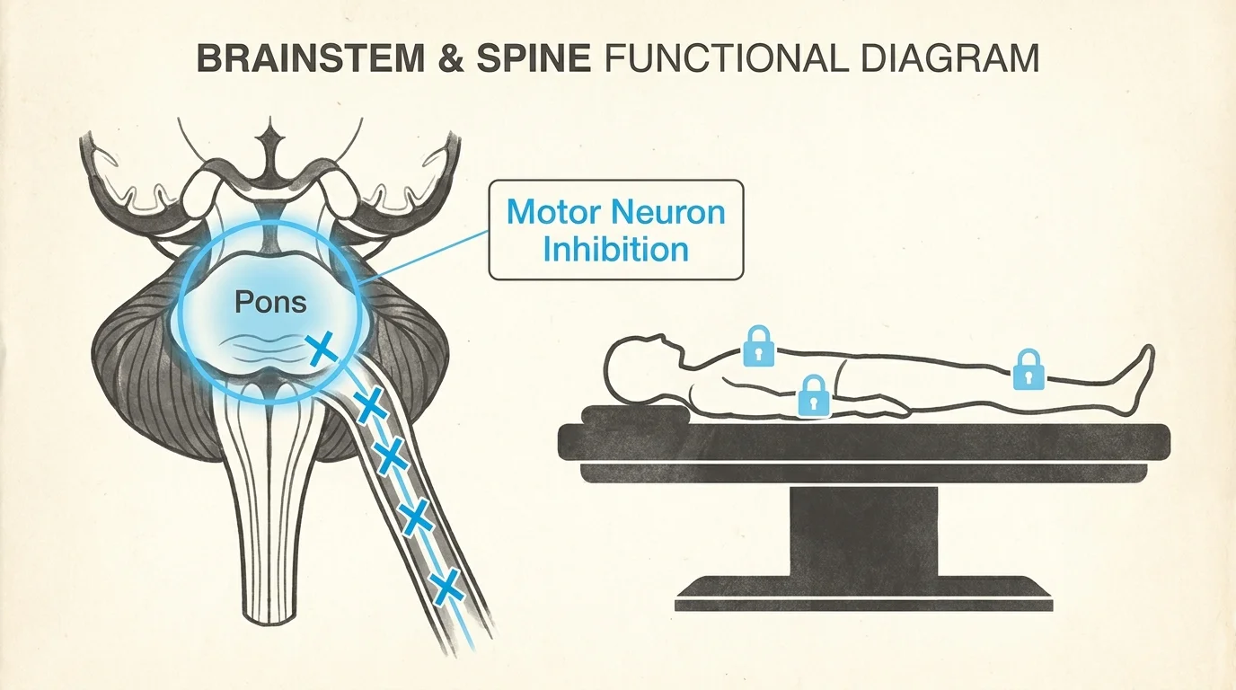 A medical diagram showing the brainstem sending signals to lock motor neurons during sleep.
