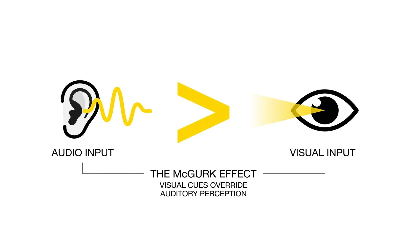 A minimalist diagram showing a visual input icon dominating an audio input icon, labeled 'The McGurk Effect'.