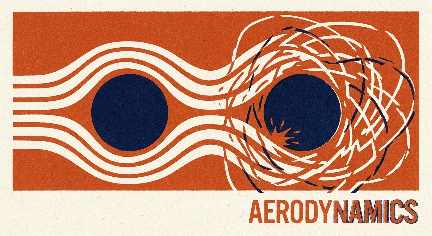 A minimalist graphic showing air currents flowing around spheres to represent aerodynamic concepts.
