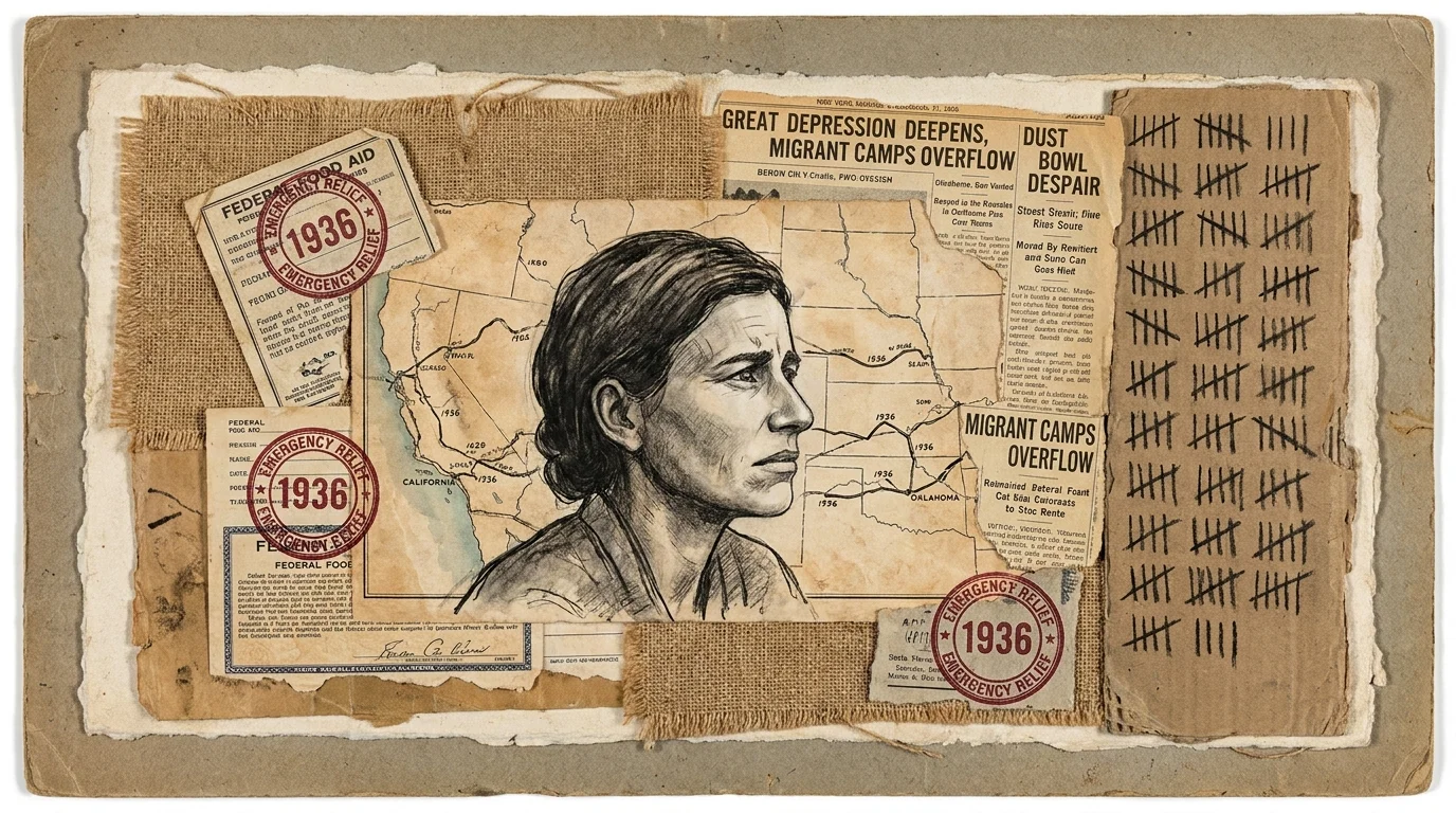 A mixed-media collage featuring a sketch of the Migrant Mother over 1930s maps and federal aid documents.