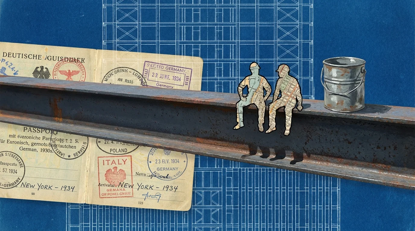 A mixed-media collage featuring a steel beam, 1930s passports, and skyscraper blueprints to represent immigrant grit.