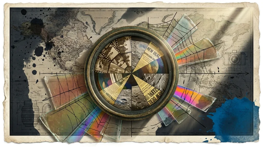 A mixed-media collage featuring a vintage camera lens reflecting historical textures, surrounded by glass shards and world maps.