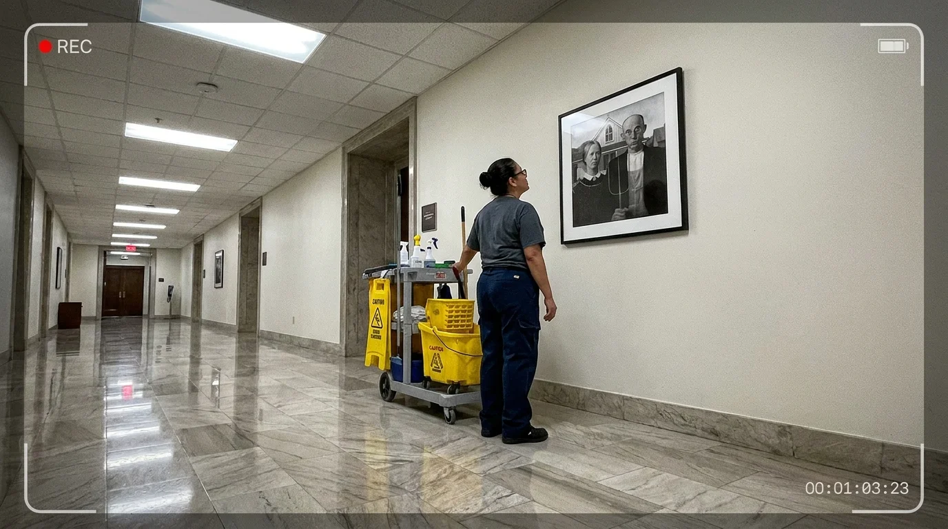 A modern cleaning worker in a government building stands before Gordon Parks' 'American Gothic' photograph.