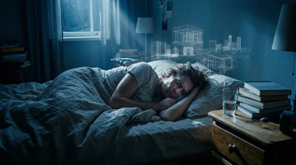 A person sleeping in a moonlit room with a faint, ghostly architectural dreamscape floating above their head.