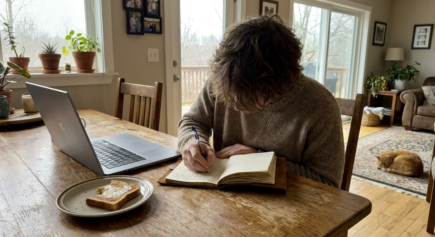 A person writing in a journal at a dining table, illustrating the practical application of linguistic awareness.