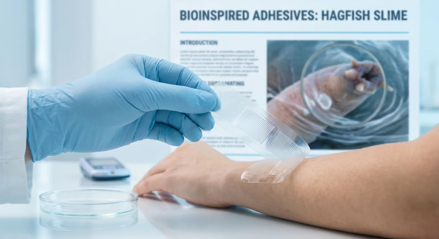 A photo of a medical adhesive in a lab, with a blurred image of a hagfish in the background representing biomimicry.