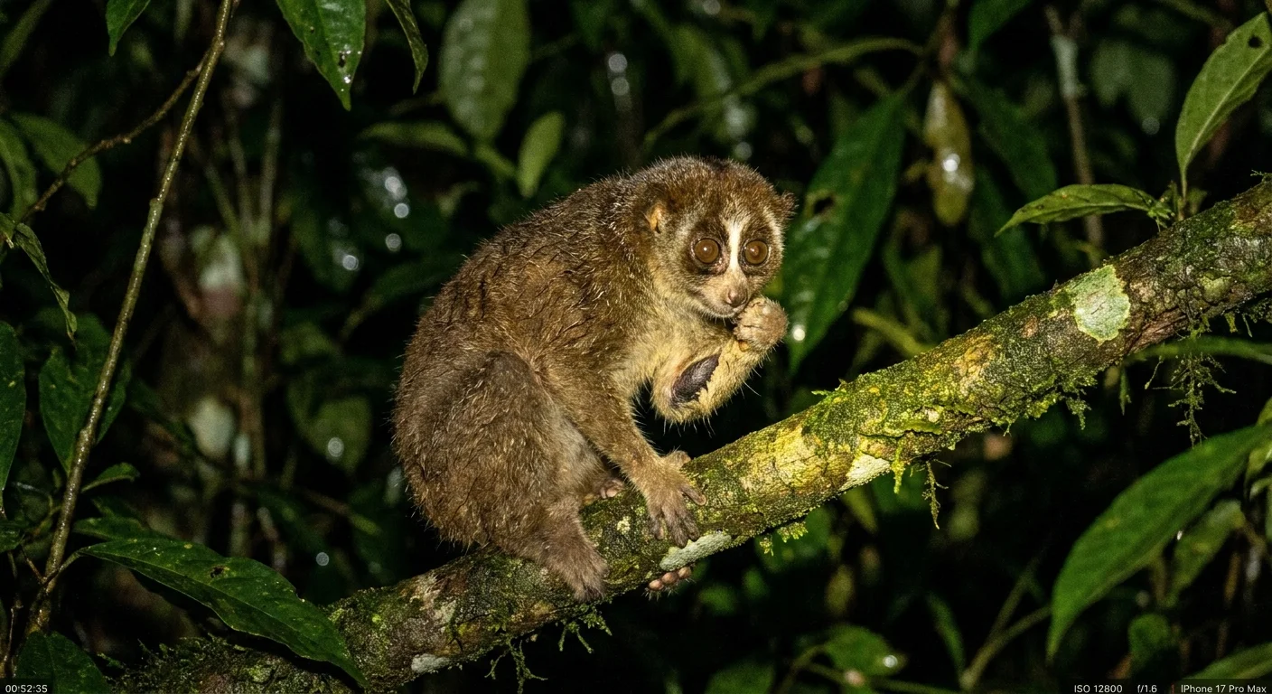 A photo of a Slow Loris in the rainforest licking its elbow gland to activate its toxic bite.