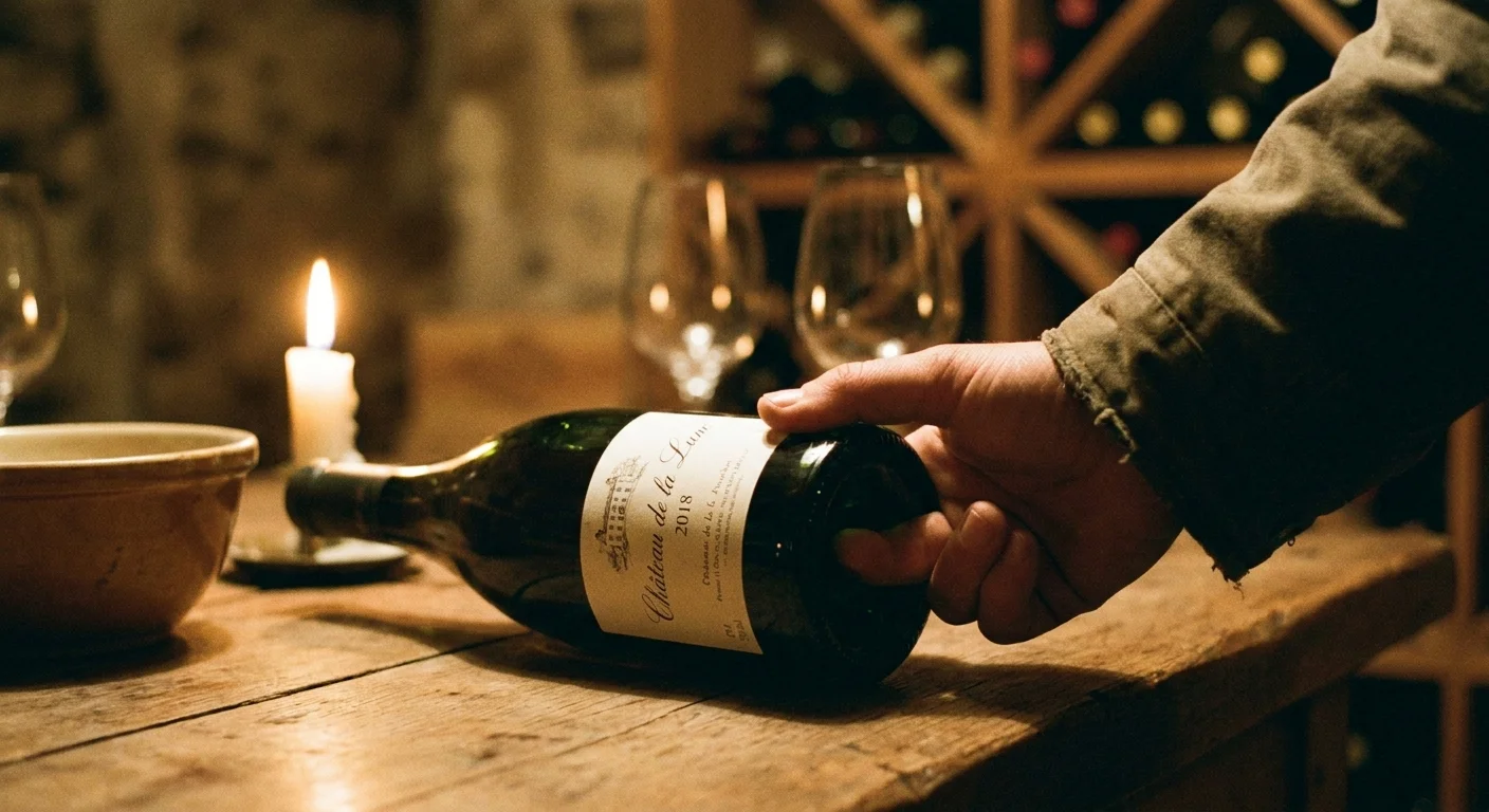 A photograph of a hand holding a wine bottle by the bottom indentation, known as a punt, in a warm-lit room.