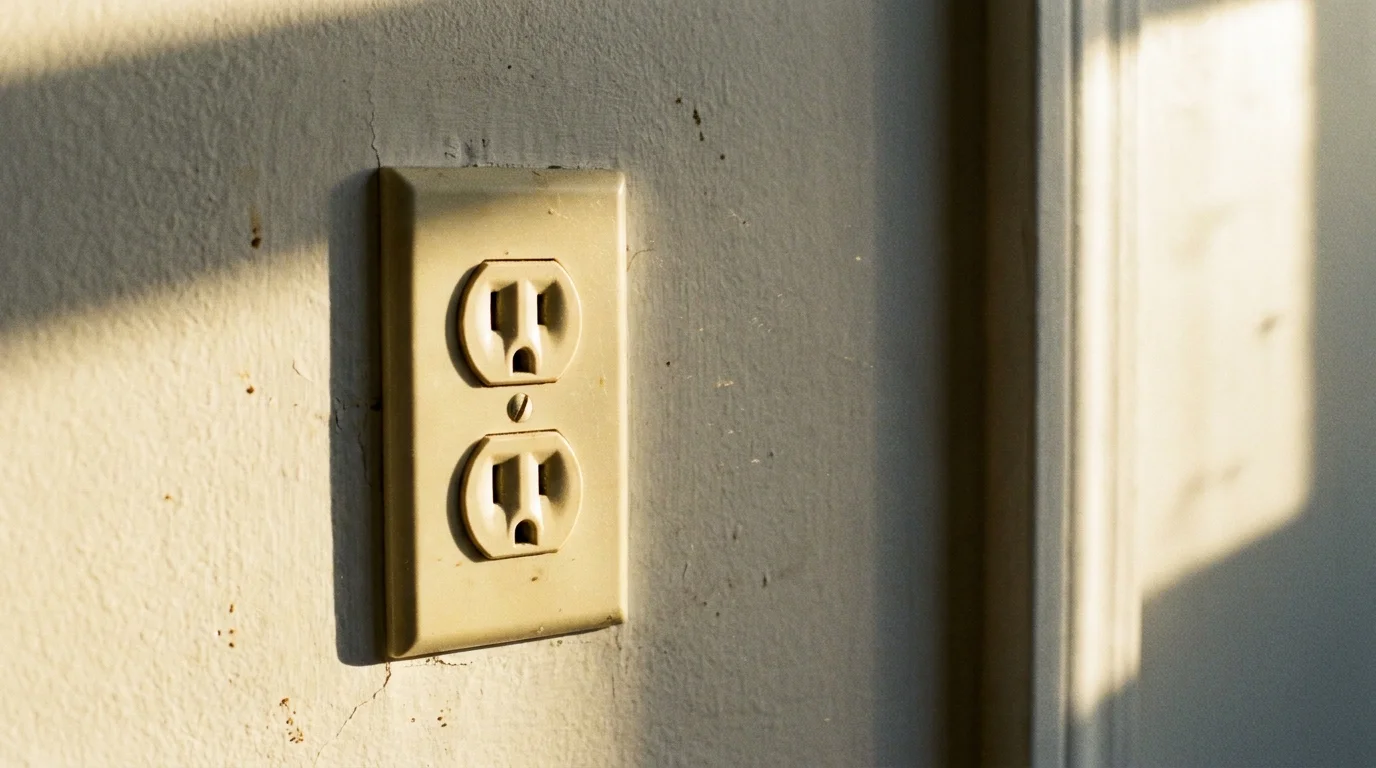 A photograph of a standard wall outlet that looks like a surprised face due to the angle of shadows and light.