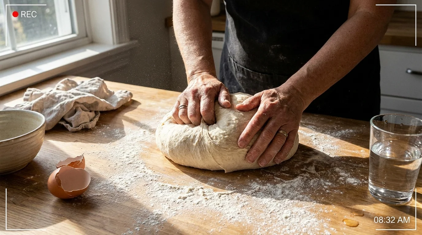 A photograph of hands kneading dough in a sunlit kitchen, representing the grace of automatic physical skills.