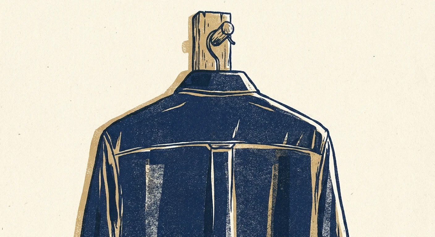 A screenprint illustration of a dress shirt hanging by the small fabric loop on the back.