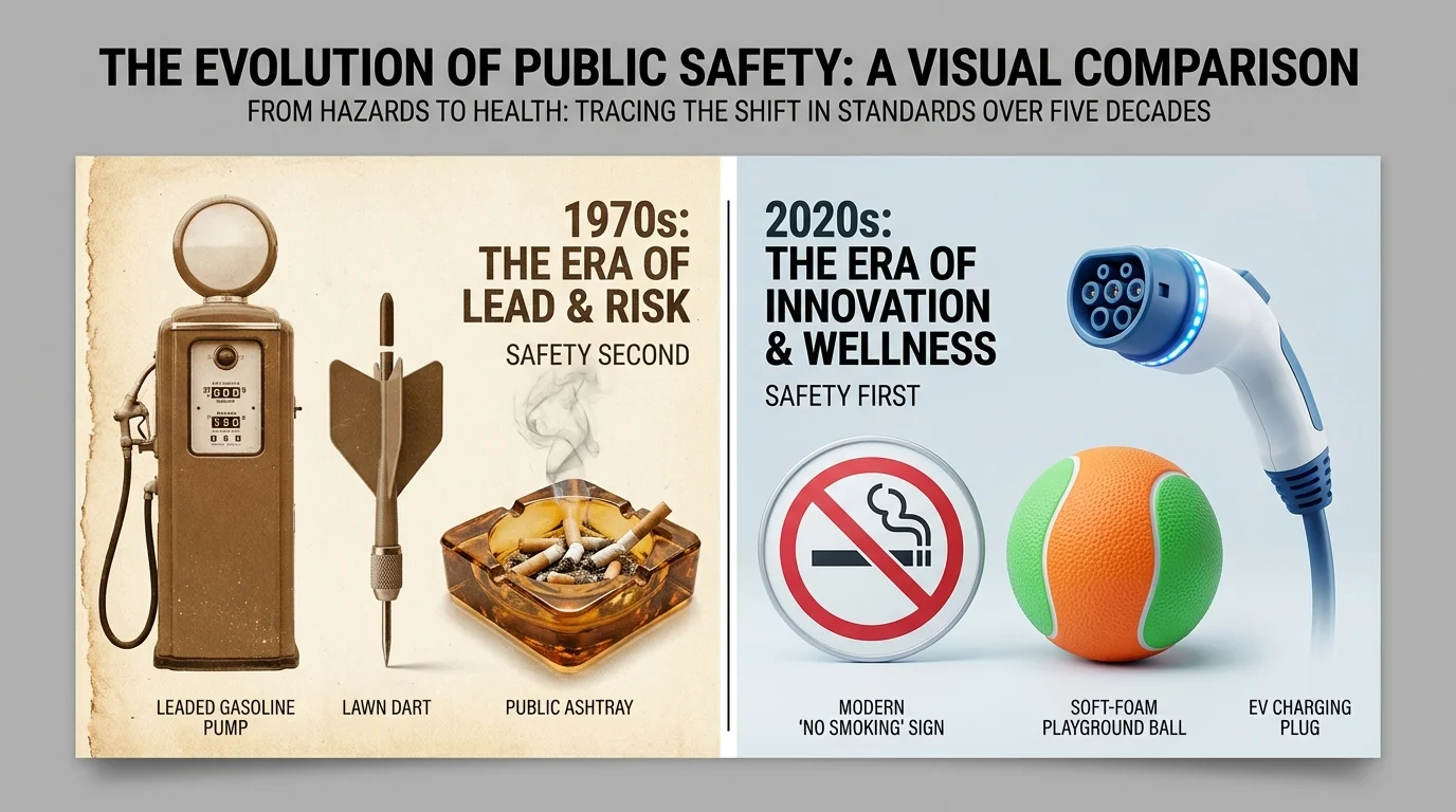 A side-by-side comparison collage of 1970s items like leaded gas and lawn darts versus modern safety-conscious equivalents.