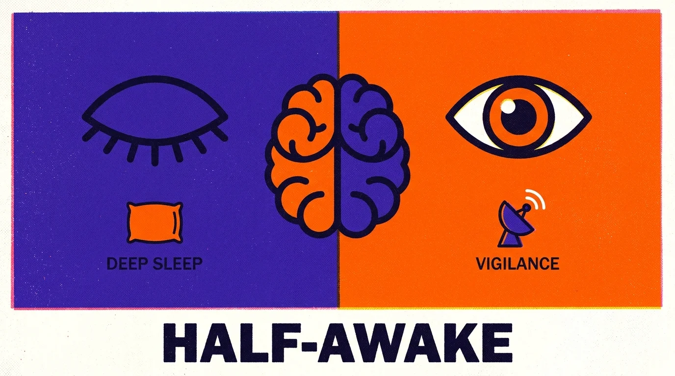 A split-screen illustration showing one half of a brain in dark blue (sleeping) and the other in bright orange (awake).
