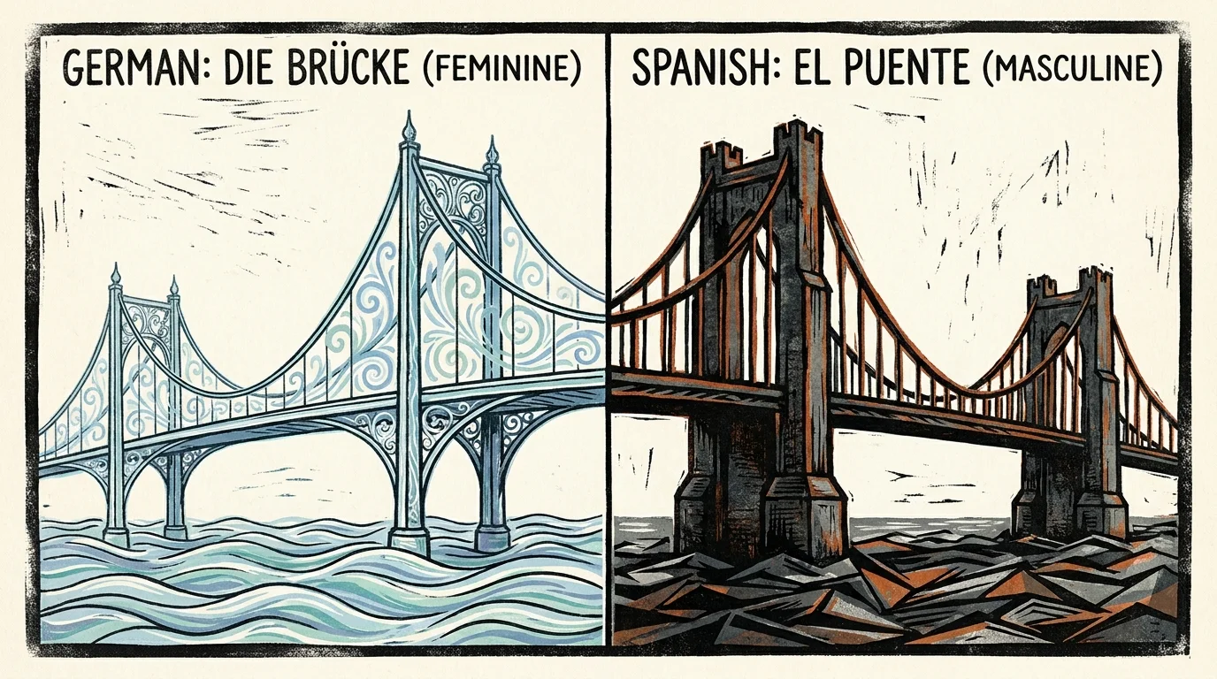 A split-screen woodcut illustration showing a bridge depicted as elegant and slender versus strong and sturdy.