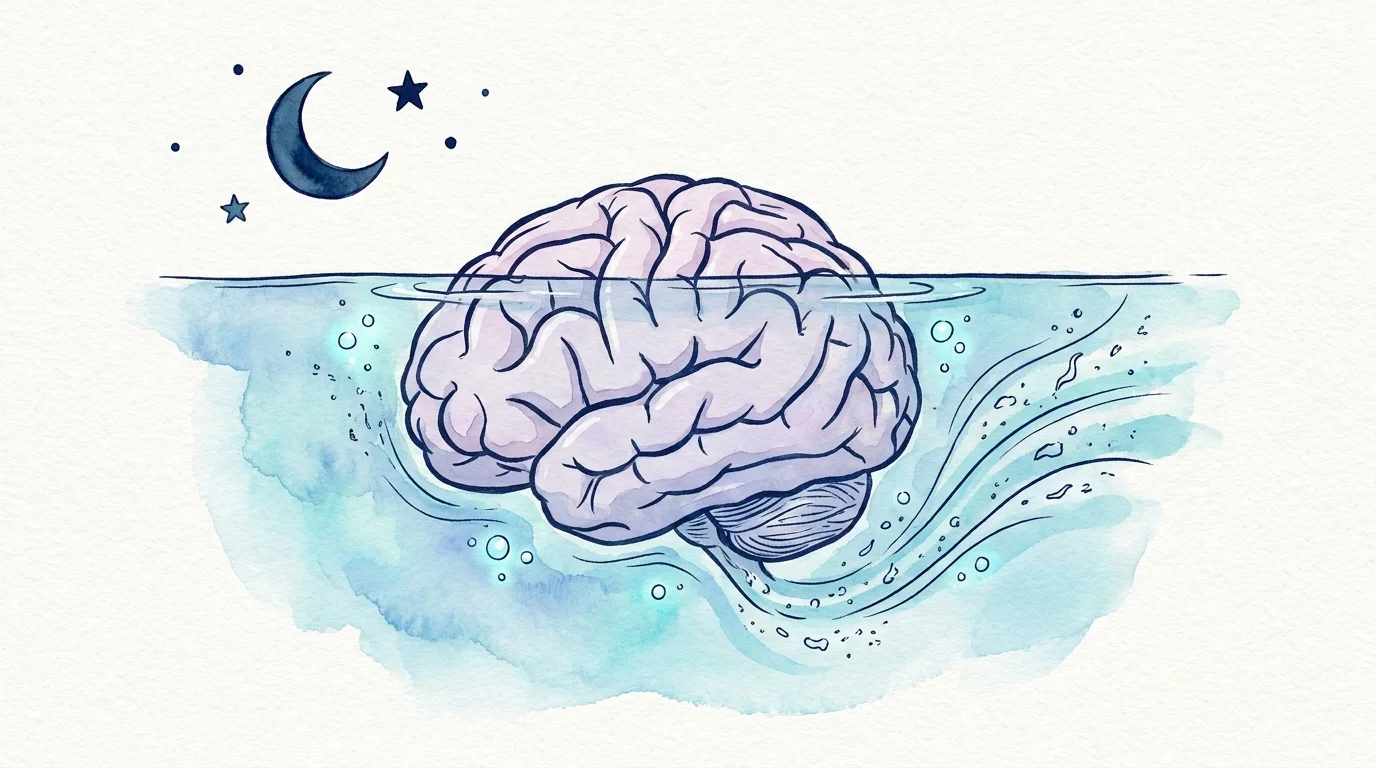 A stylized illustration of a brain submerged in blue water with bubbles rising, under a crescent moon.