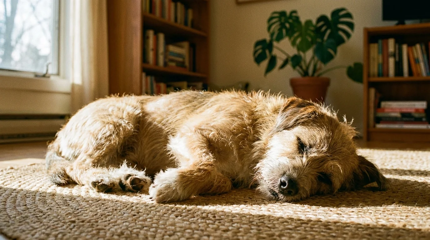 A sun-drenched photo of a dog twitching its paws while asleep on a rug.