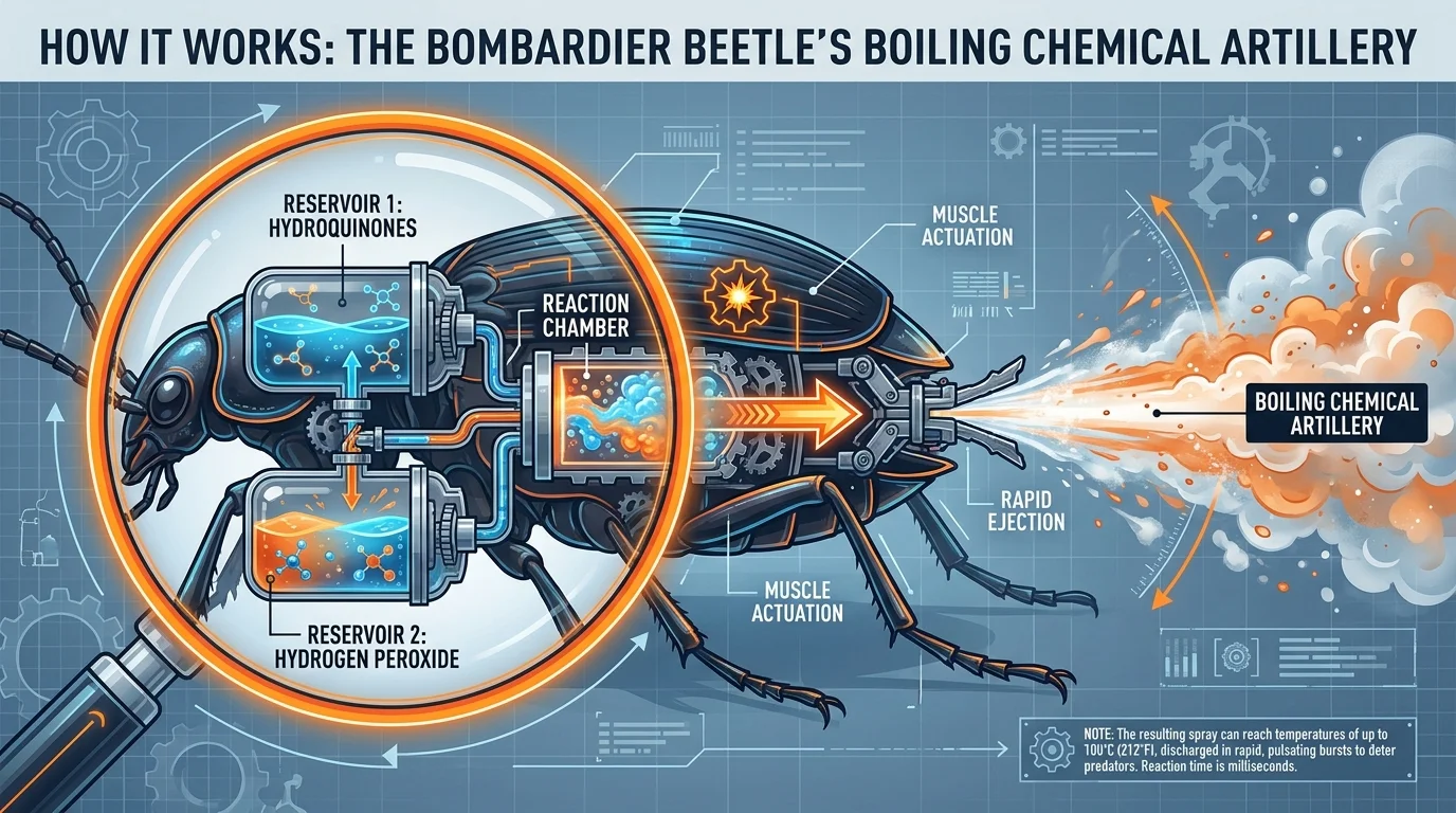 A technical diagram of a bombardier beetle showing its internal chemical reservoirs and the reaction chamber used to spray boiling liquid.