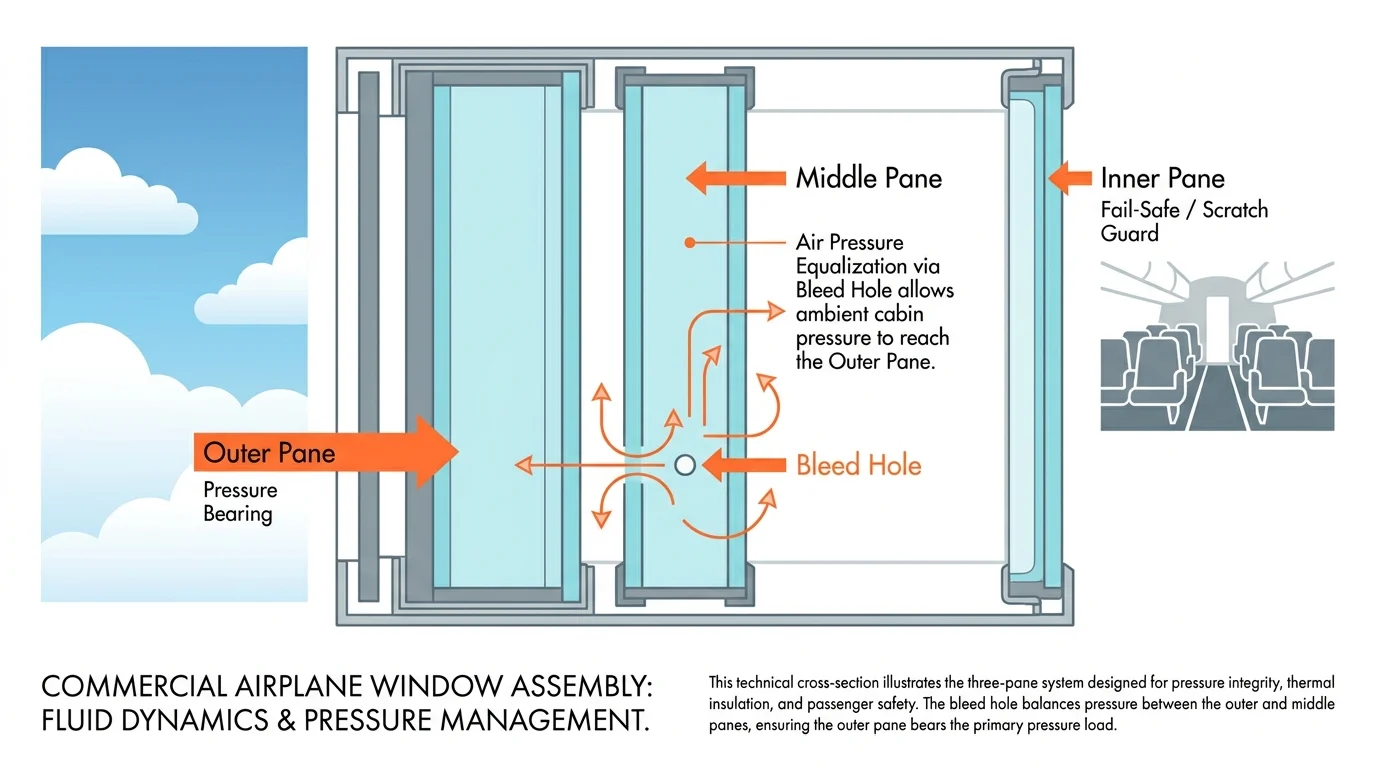 A technical diagram of an airplane window showing the three panes and the location of the small bleed hole.