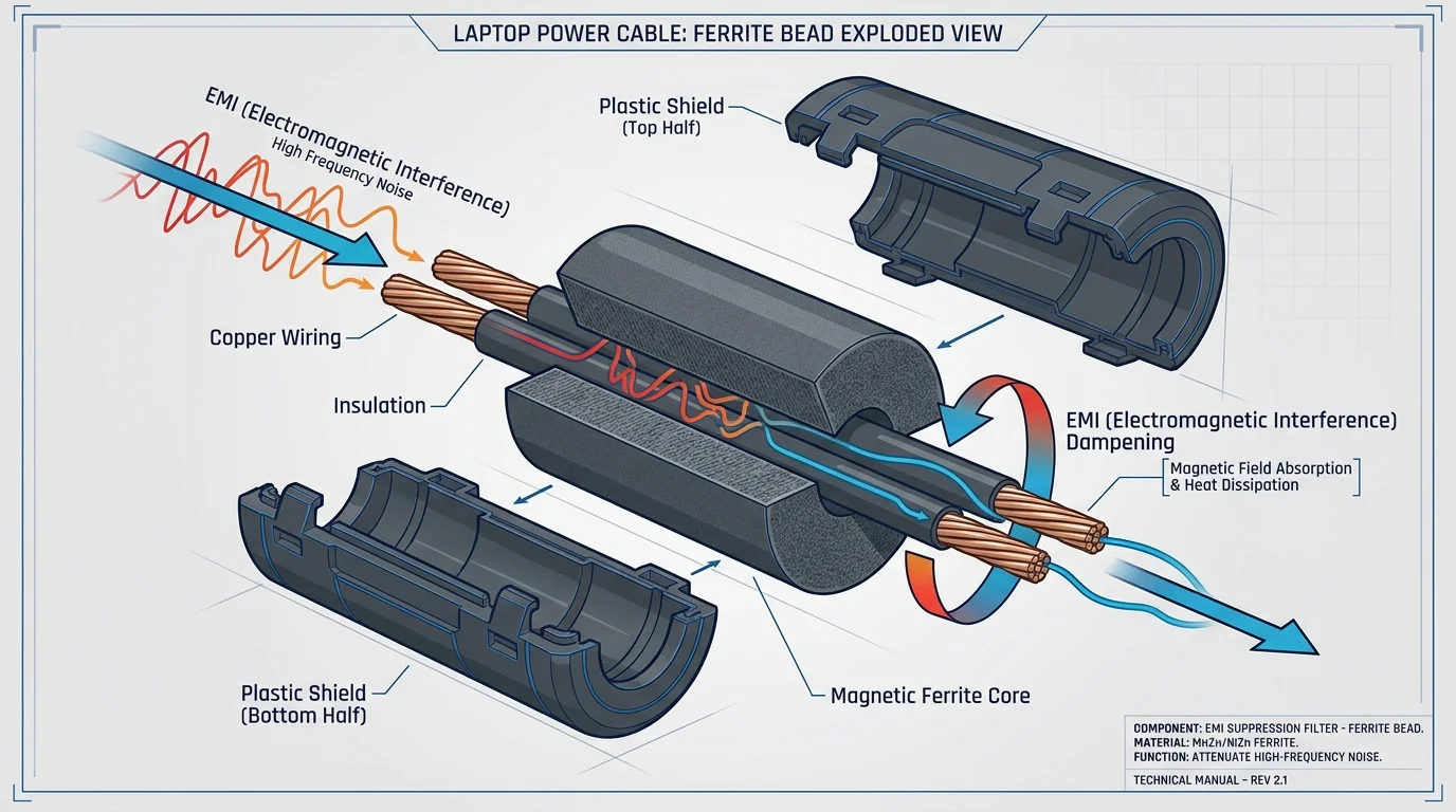 A technical diagram showing the inside of a ferrite bead on a power cord, identifying the magnetic core.