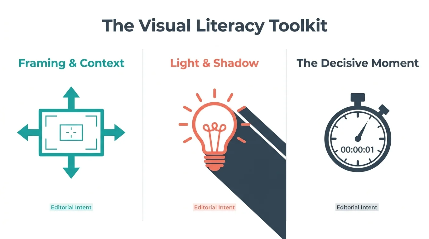 A three-panel infographic showing icons for Framing, Light, and The Decisive Moment to explain visual literacy.
