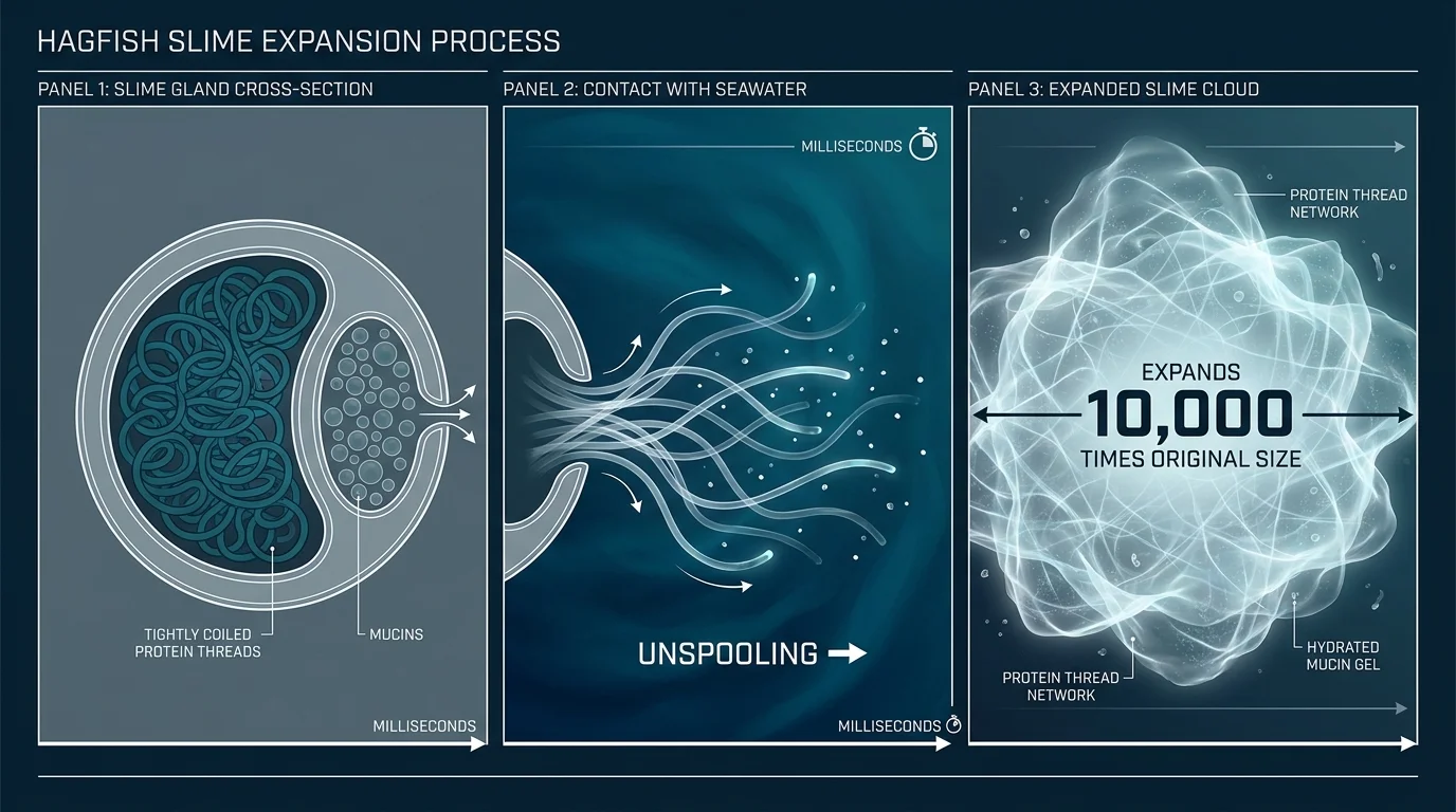 A three-panel scientific diagram explaining how hagfish protein threads expand 10,000 times into slime upon contact with water.