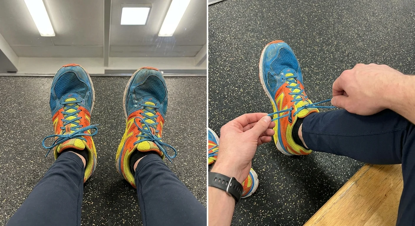 A top-down photo of a running shoe using the extra eyelet to create a secure heel lock lacing pattern.