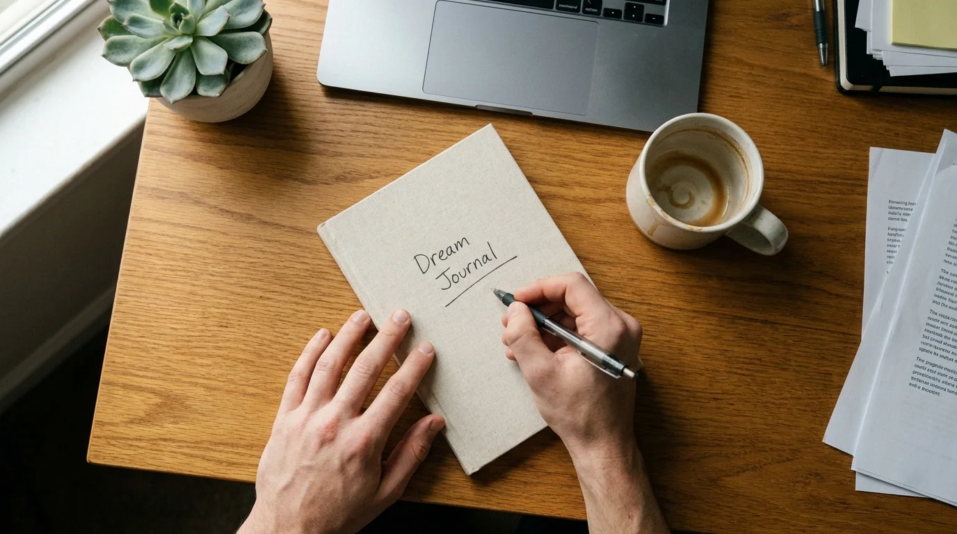A top-down photo of hands writing in a 'Dream Journal' on a wooden desk in the morning light.