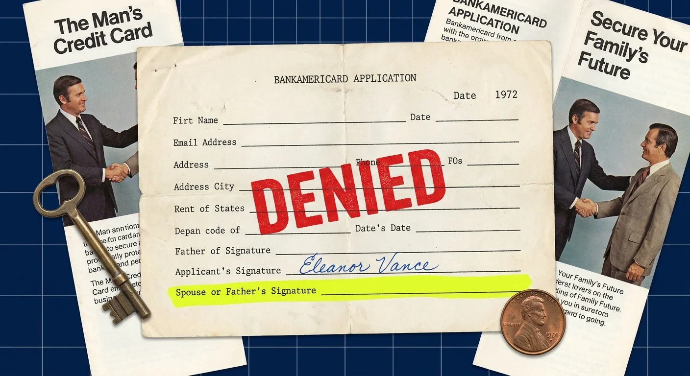 A vintage bank form with a 'Denied' stamp, highlighting the empty signature line for a male cosigner.