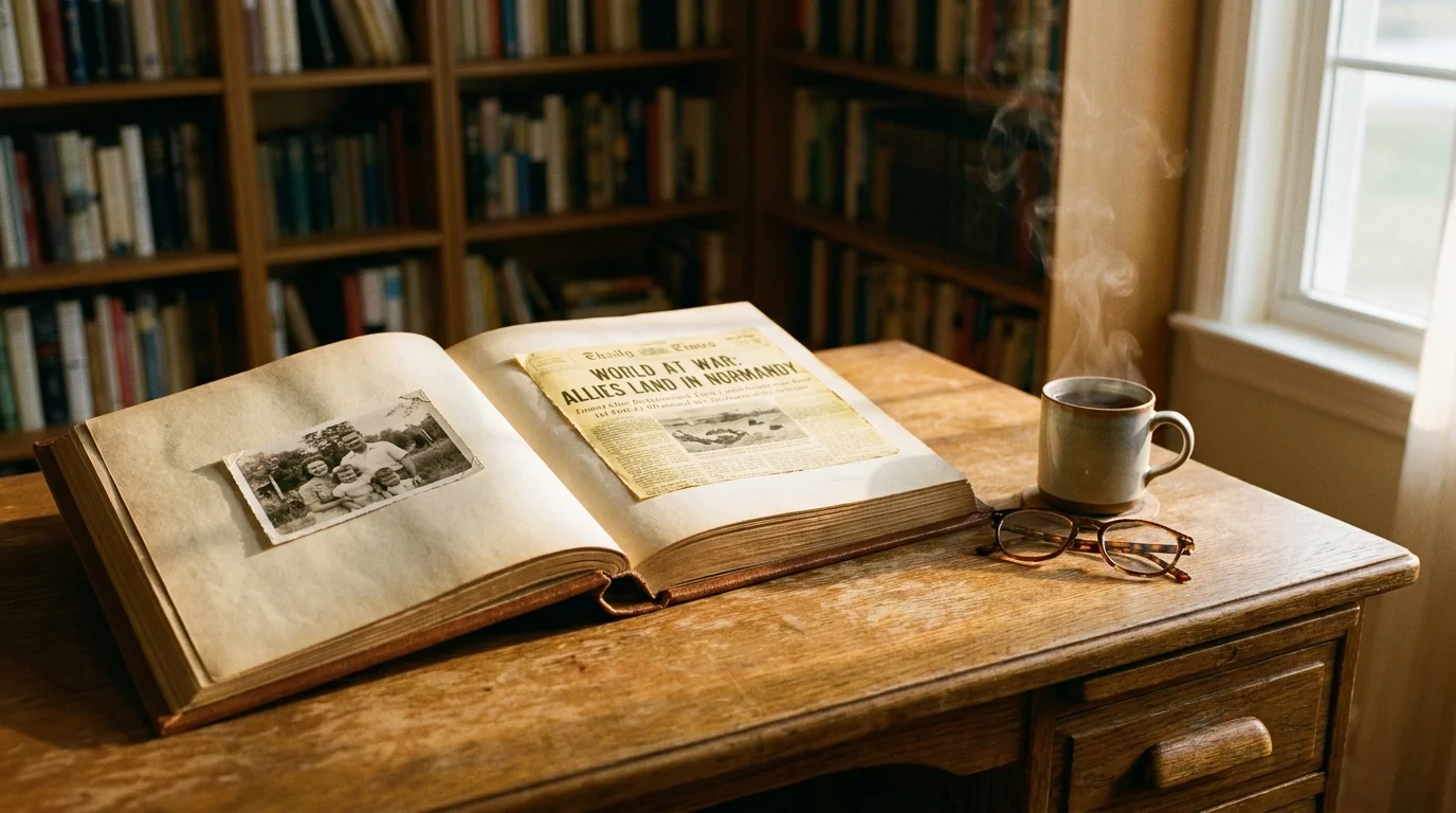 A warm, 35mm film photo of an open photo album on a desk, showing a personal family photo next to a historical newspaper clipping.