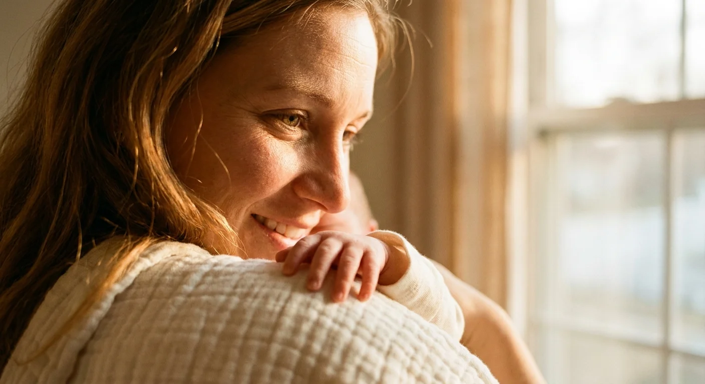 A warm, grainy film photograph of a mother looking tenderly at her baby in soft sunlight.