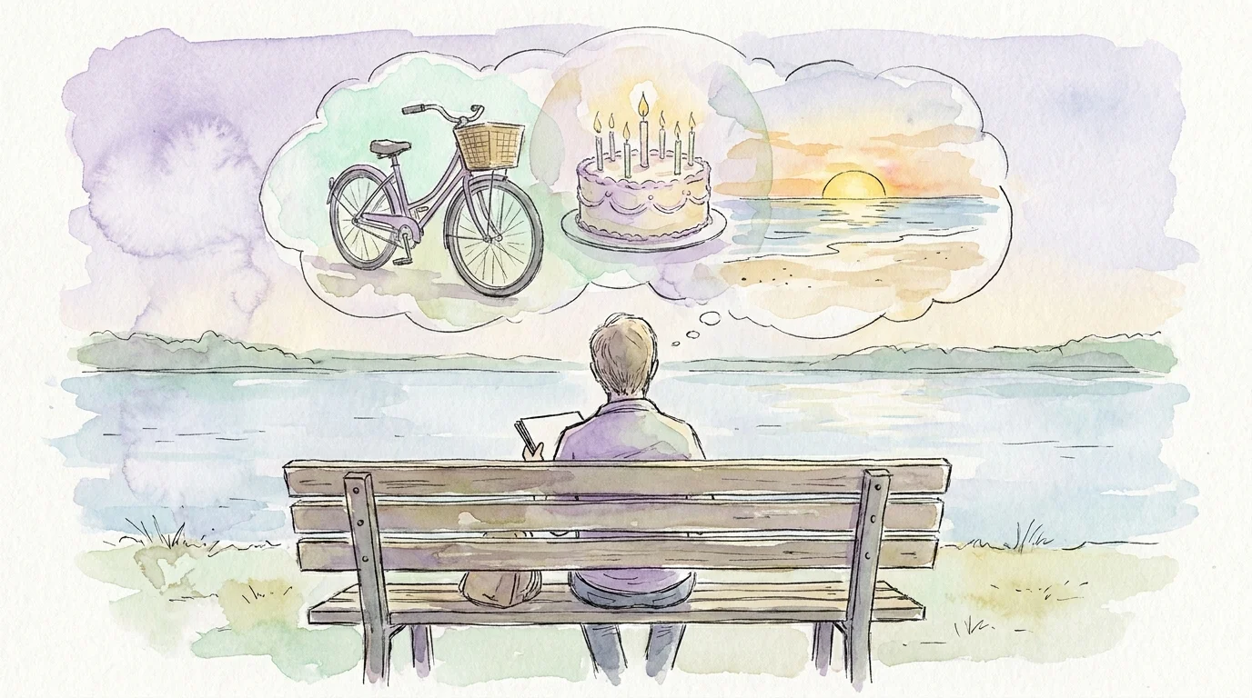 A watercolor illustration of a person sitting by a lake with a thought bubble showing hazy, nostalgic childhood memories.