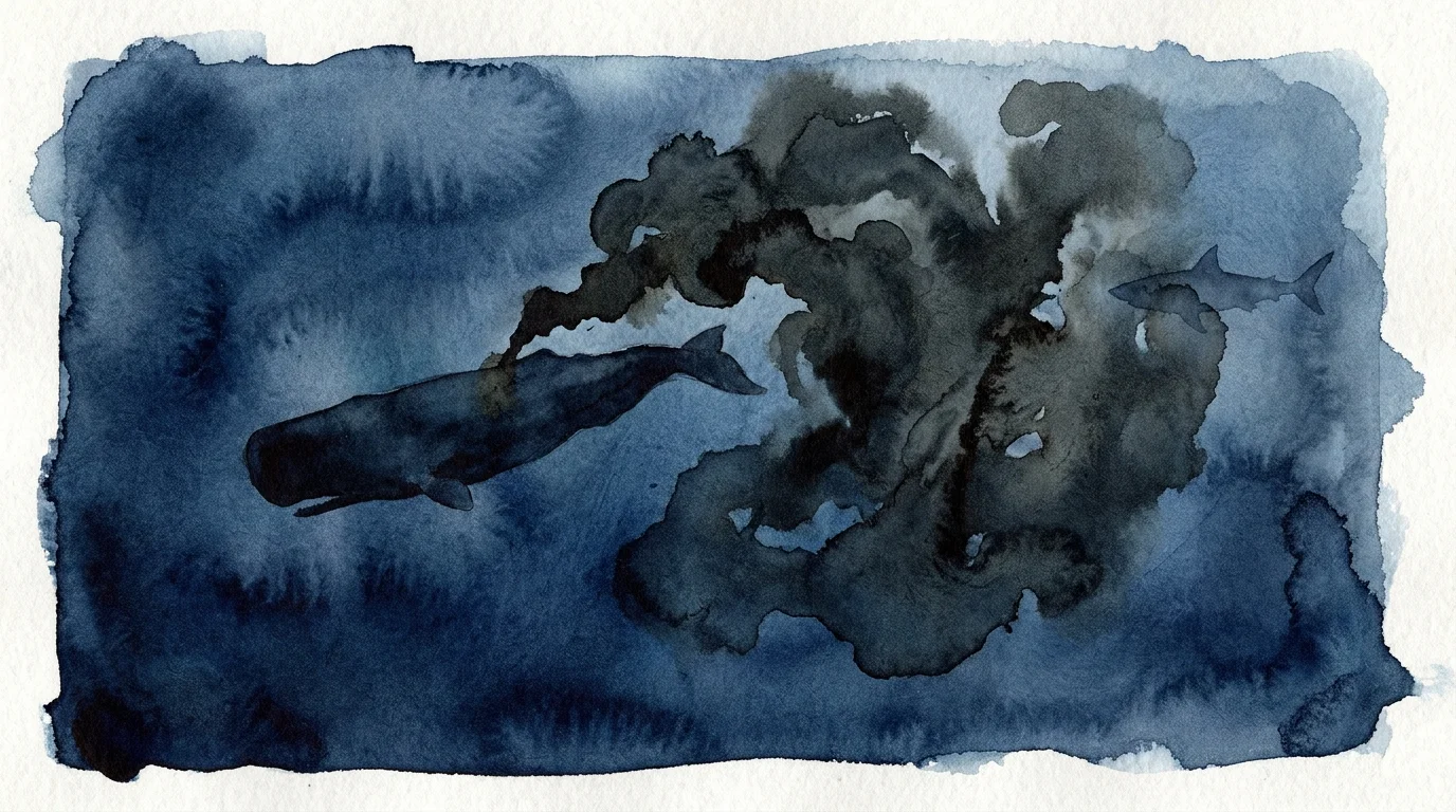 A watercolor illustration of a pygmy sperm whale releasing a thick, dark cloud of ink into the deep blue ocean.