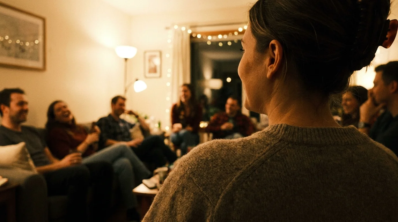 A woman at a party turning her head alertly toward a blurred crowd, illustrating the cocktail party effect.