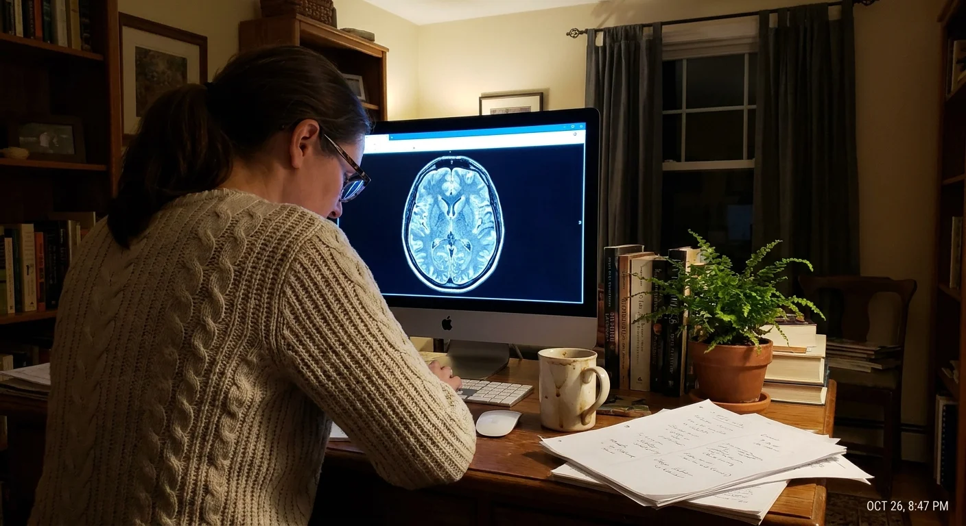 A woman in a casual home setting looking at a brain scan on a computer monitor.