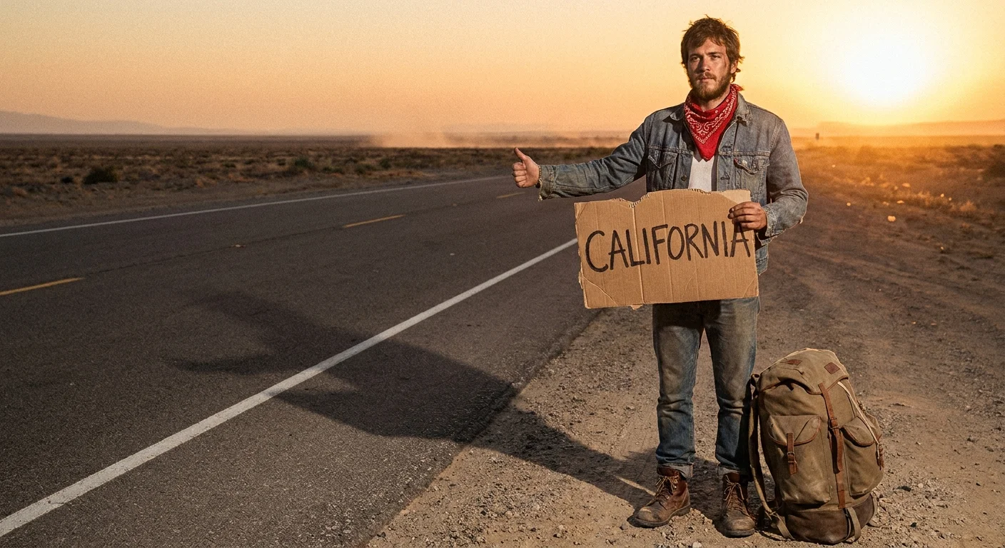 A young man with a backpack holds a 'California' sign while hitchhiking on a vast, empty highway at sunset.