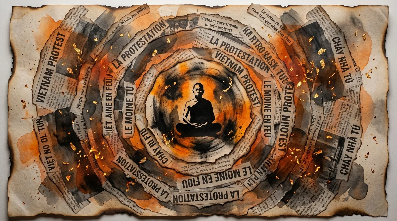 An abstract collage with a monk silhouette at the center of concentric ripples made from international newspaper clippings.