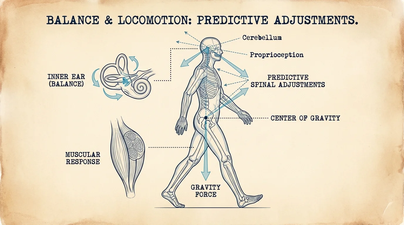 An anatomical diagram of a walking human figure with vector arrows showing balance and postural corrections.