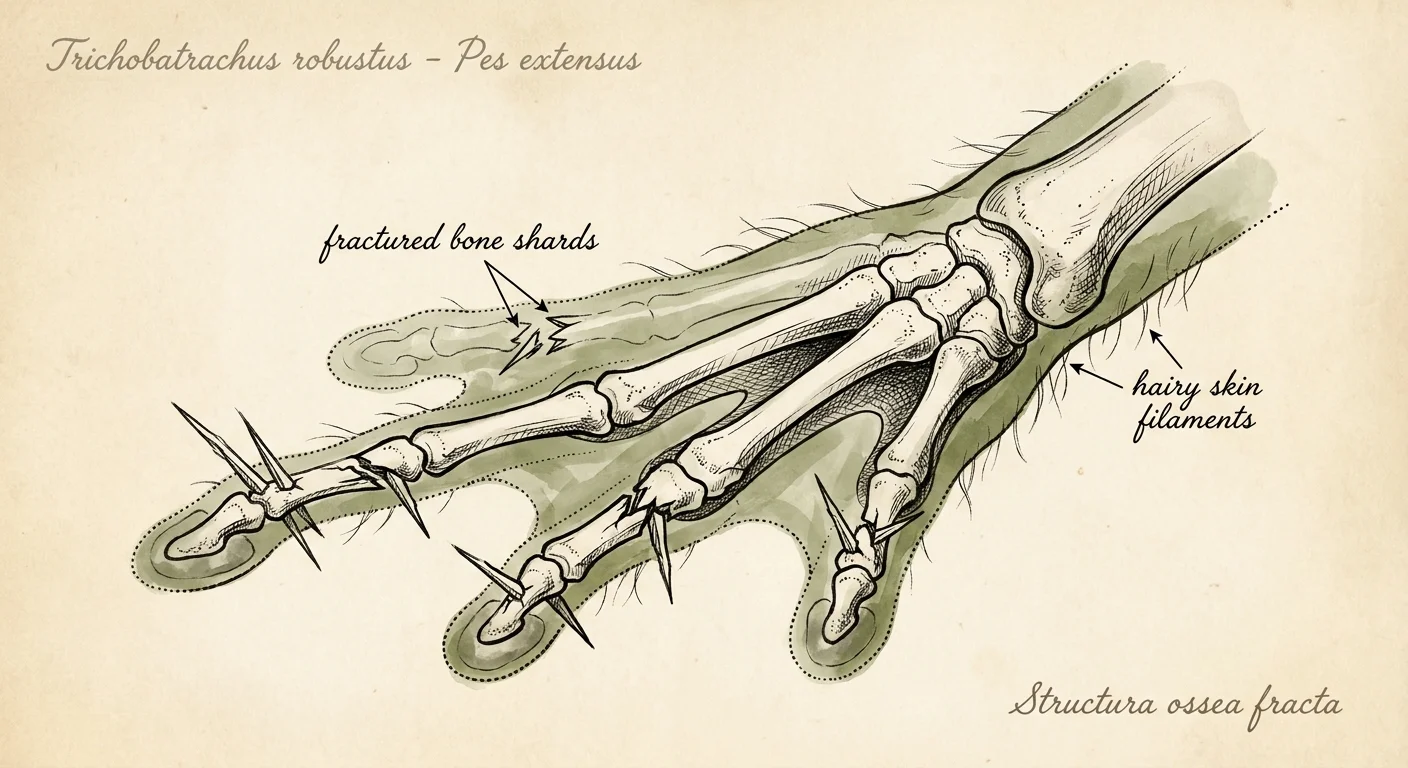 An anatomical illustration of a frog's foot showing internal bone fractures pushing through the skin to form claws.
