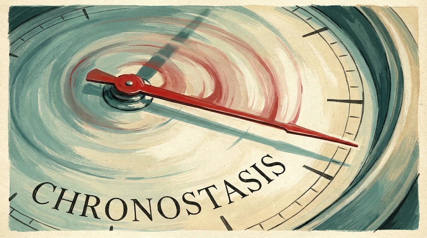 An artistic illustration of a clock with a stretched second hand and the word 'Chronostasis', representing the illusion of paused time.