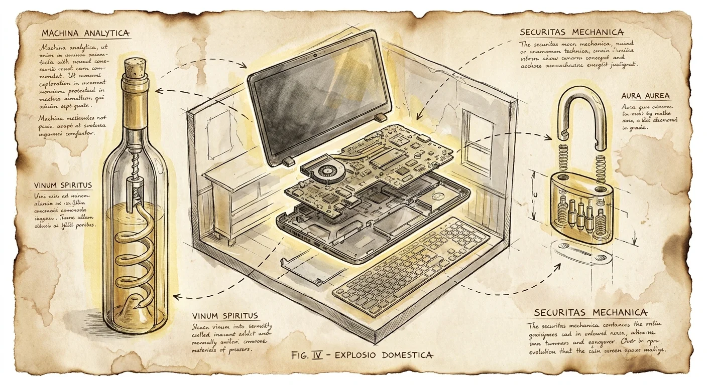 An artistic ink sketch showing the internal structures of a laptop charger, a wine bottle, and a padlock.