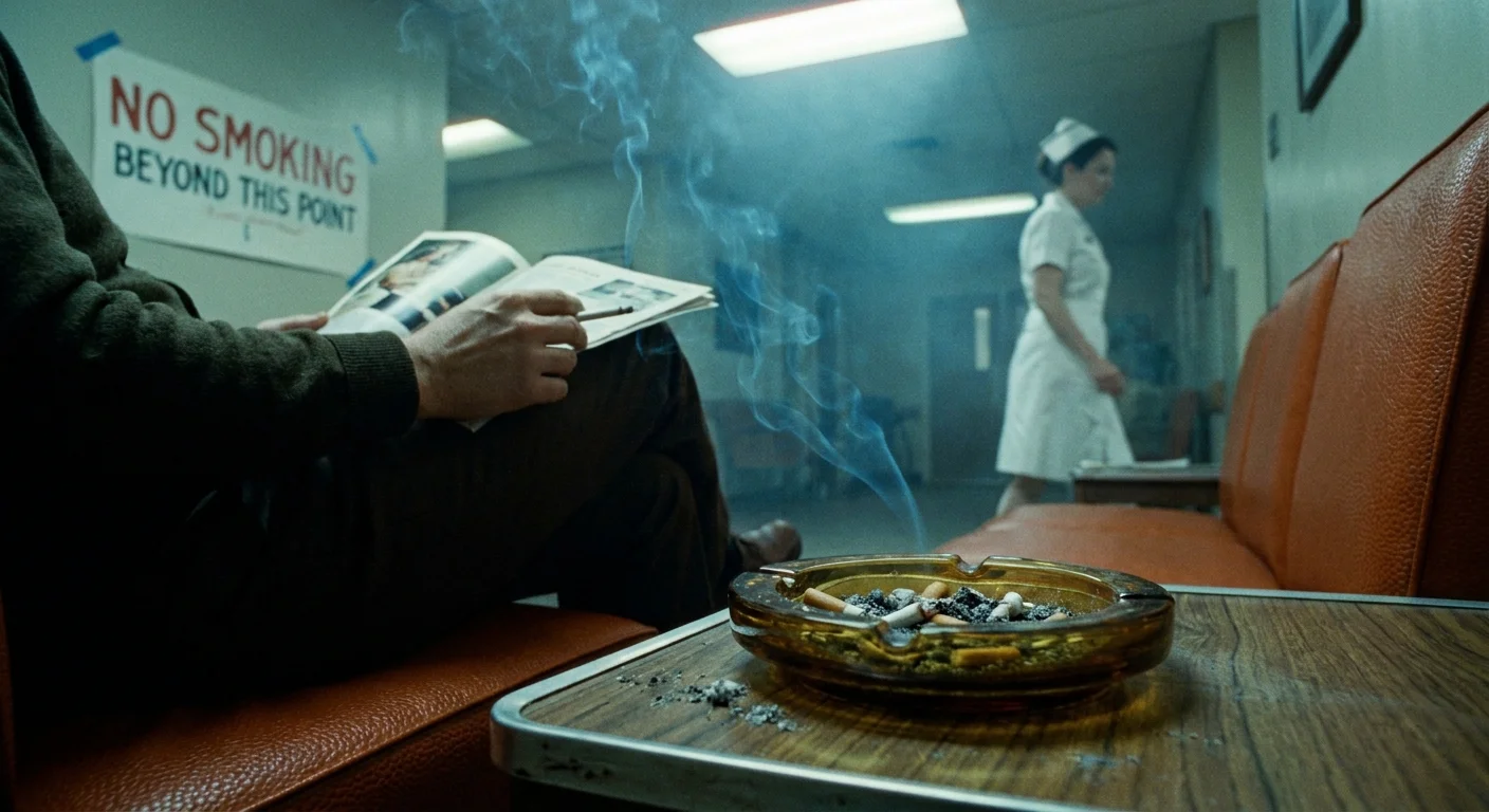 An ashtray full of cigarette butts sits on a table in a 1970s hospital waiting room filled with a light haze of smoke.
