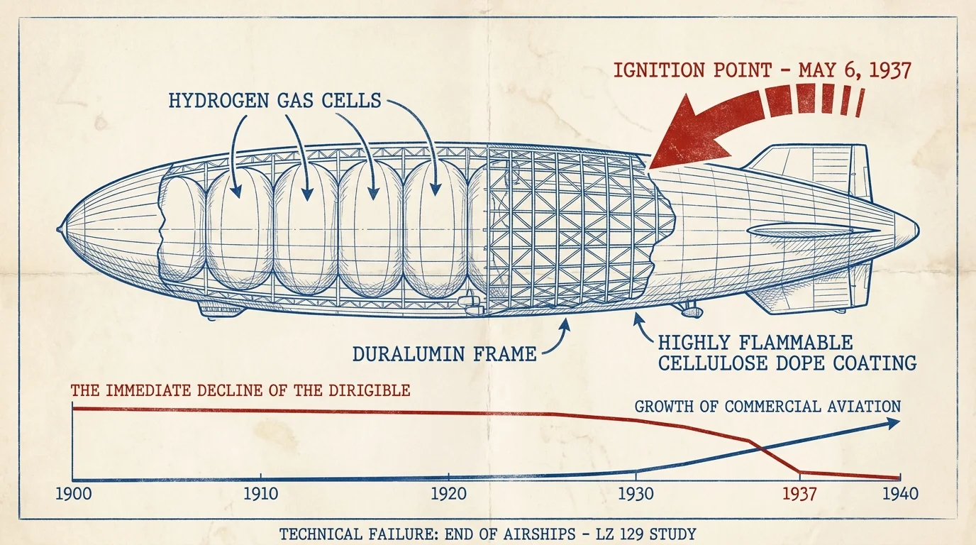 An engineering diagram of the Hindenburg airship with labels explaining its flammable components and failure point.